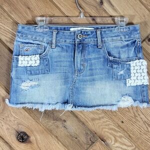 Hollister Denim Mini Skirt Womens Junior 3 W26 Blue Distressed Lace Trim Raw Hem